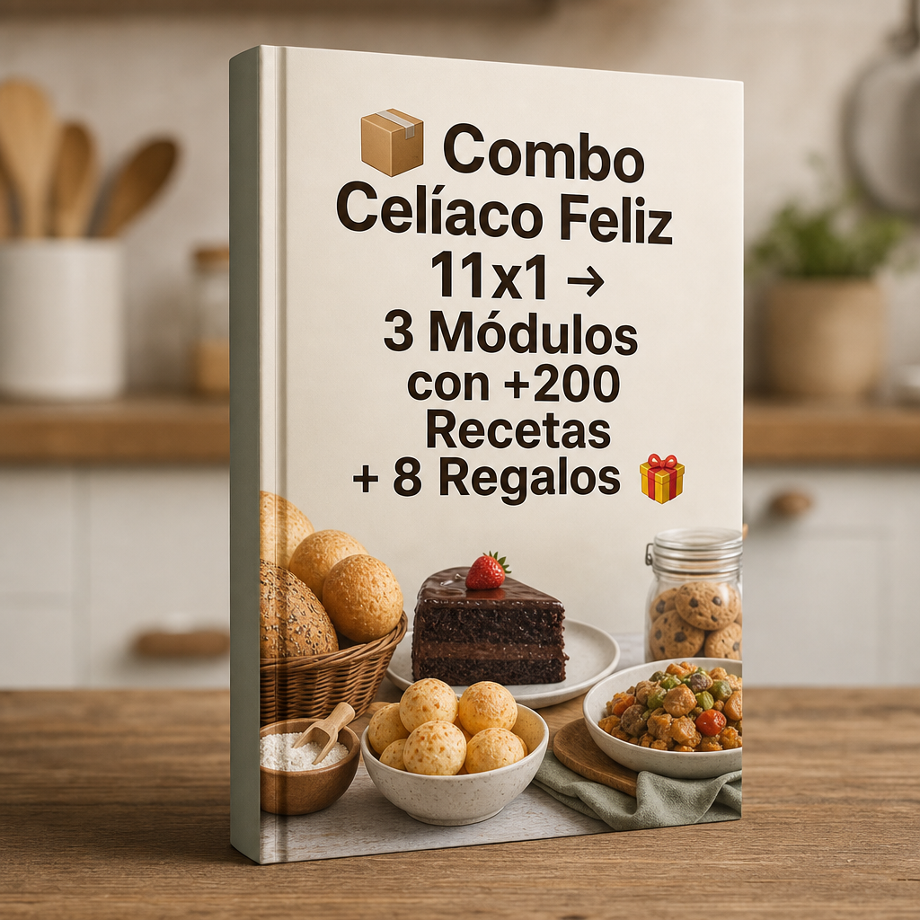 📦 Combo Celíaco Feliz 11x1 → 3 Módulos con +200 Recetas + 8 Regalos 🎁