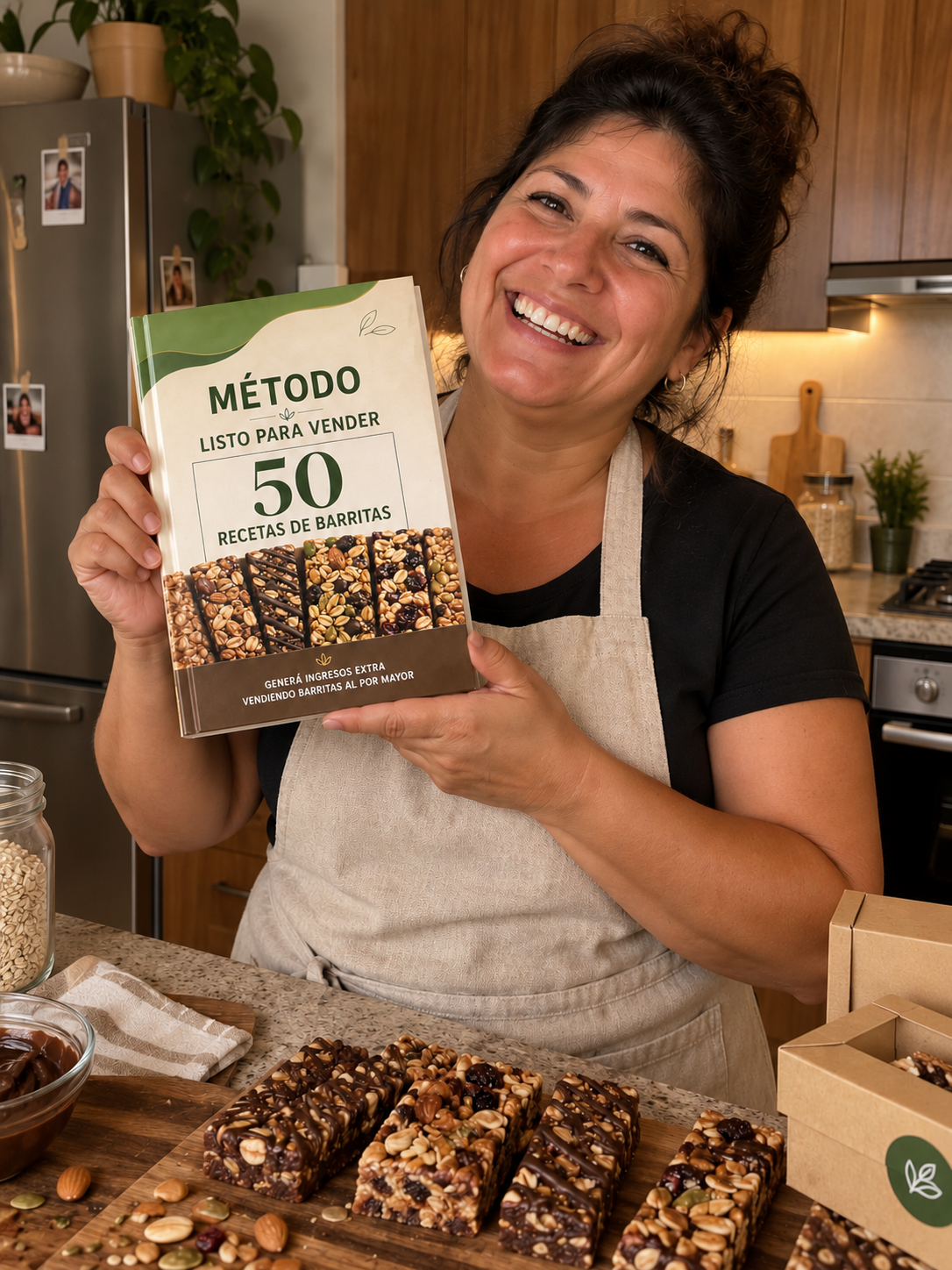 Emprendedora mostrando el método de 50 recetas de barritas saludables