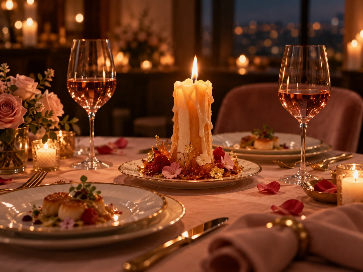 Table romantique avec bougie comestible allumée, verres de vin et pétales de rose