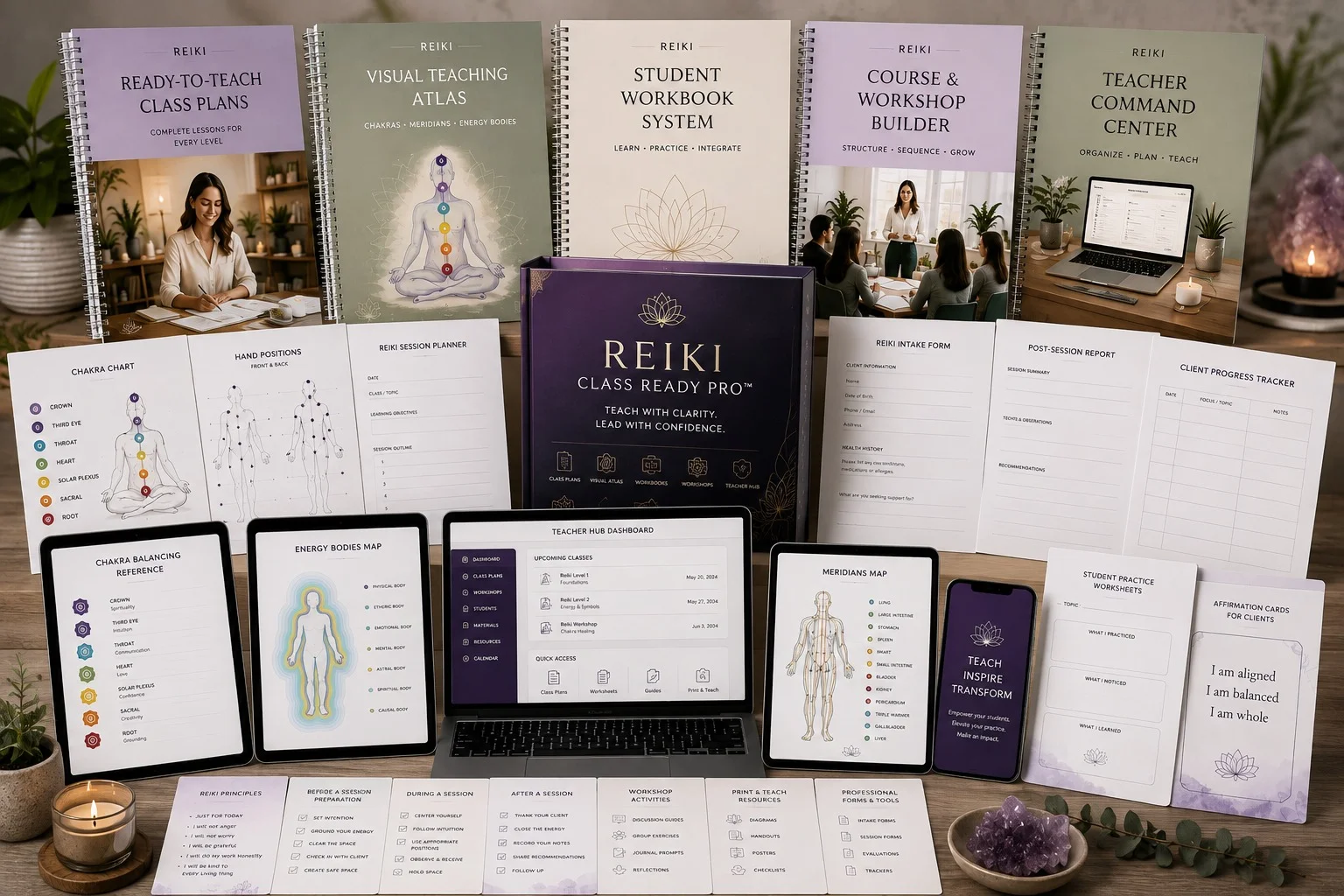 Reiki Class Ready Pro printable volumes and student pages displayed on a desk