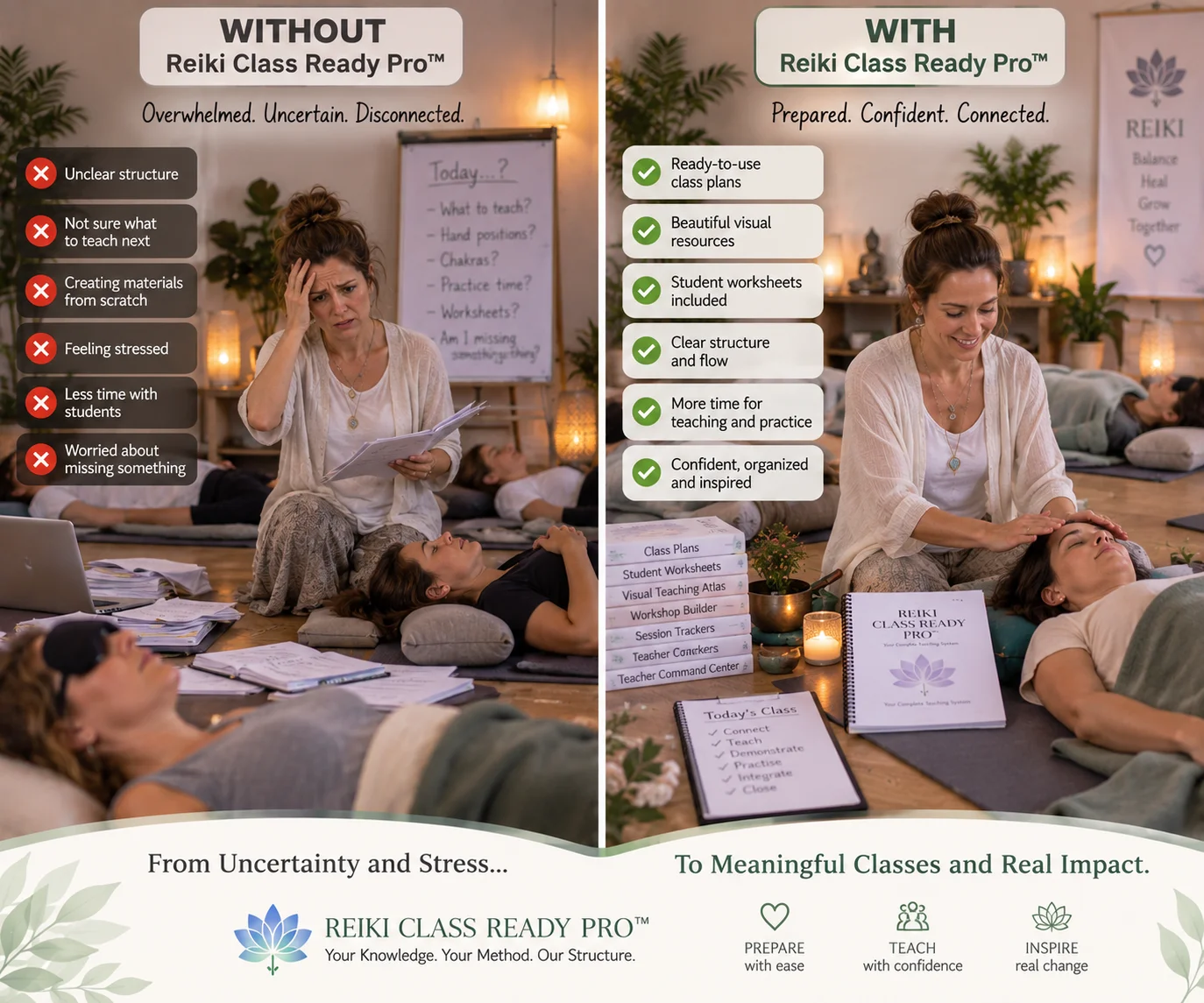Before and after comparison of Reiki class preparation