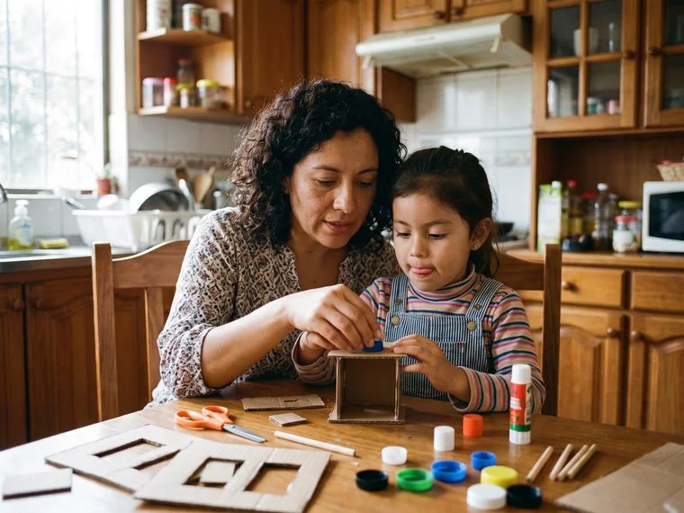 Mamá e hija montando un robot de cartón