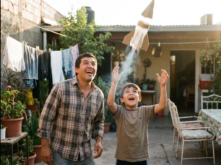 Papá e hijo lanzando un cohete de botella