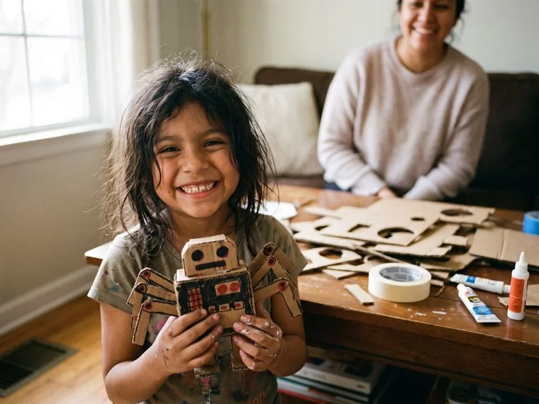 Niña mostrando orgullosa el robot que construyó