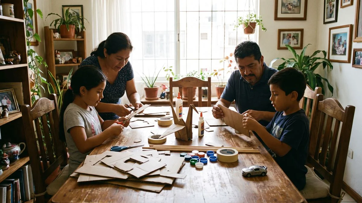 Una familia entera montando proyectos de cartón en la mesa del comedor