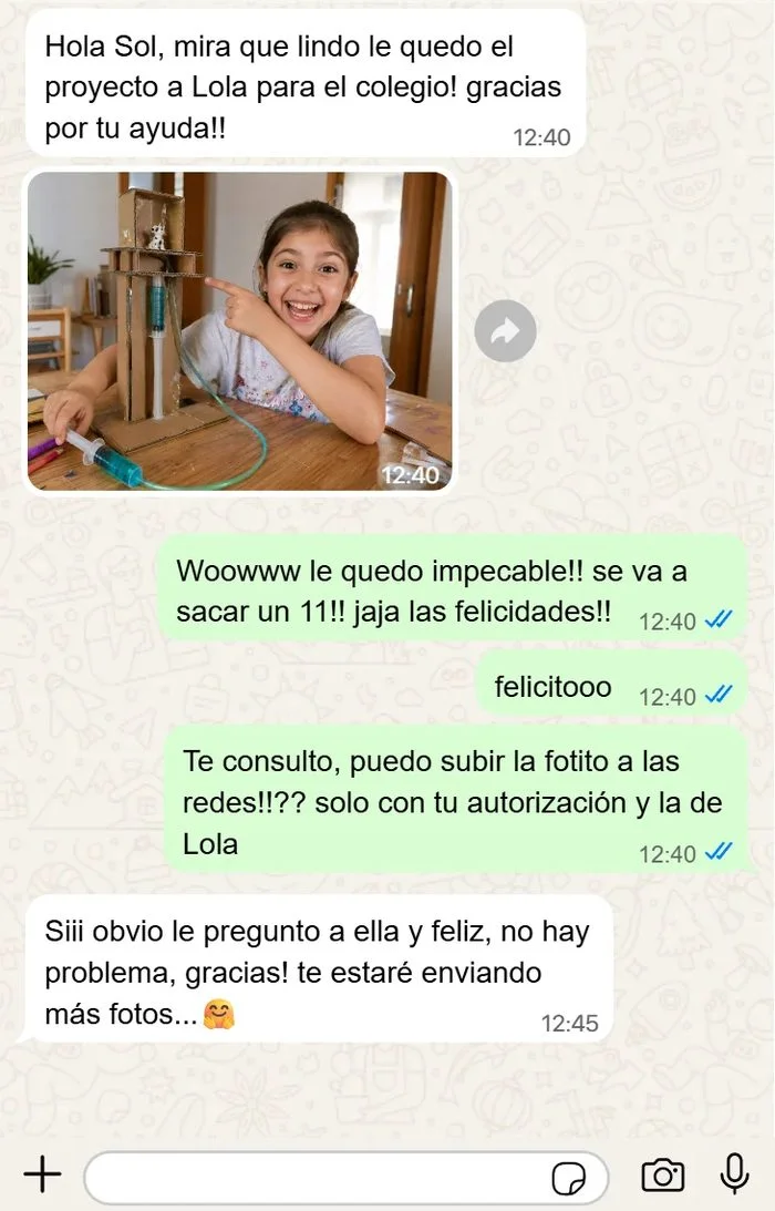 Mensaje de WhatsApp sobre un proyecto escolar