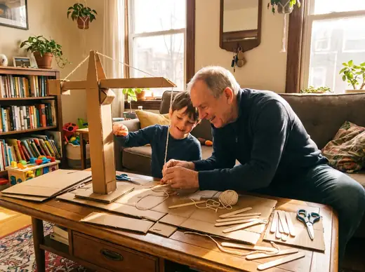 A grandfather and grandson build a cardboard crane