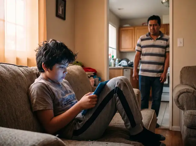 A boy looking at a tablet on the sofa while his dad watches from the kitchen