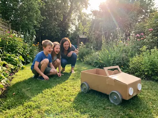 Two kids and their mom test a cardboard car in the yard