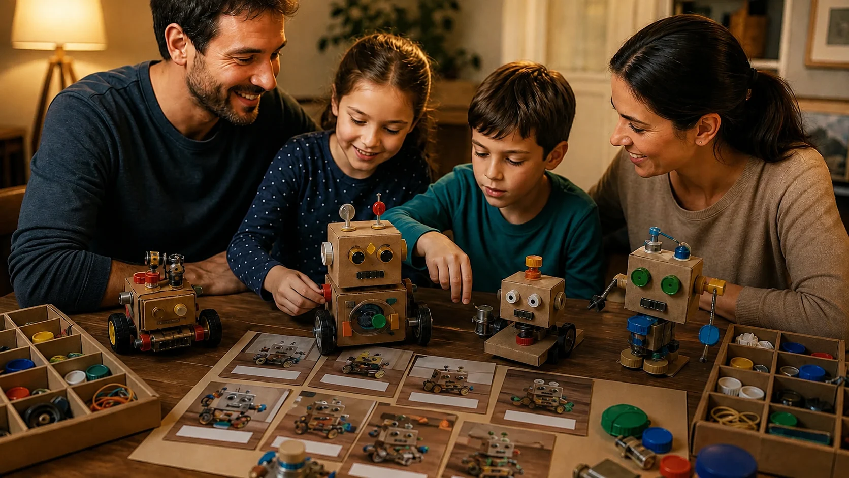 Familia construyendo inventos en casa