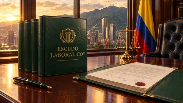 Escudo Laboral CO™ sobre un escritorio de despacho con documento firmado y sellado, balanza de la justicia y bandera de Colombia