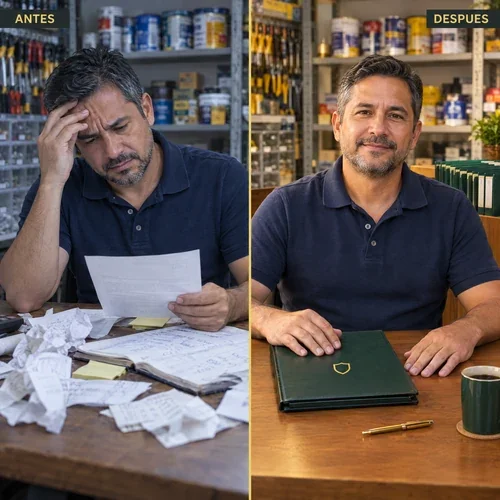Antes y después: dueño de ferretería preocupado con una citación entre papeles sueltos, y el mismo dueño tranquilo con expedientes ordenados y reglamento firmado