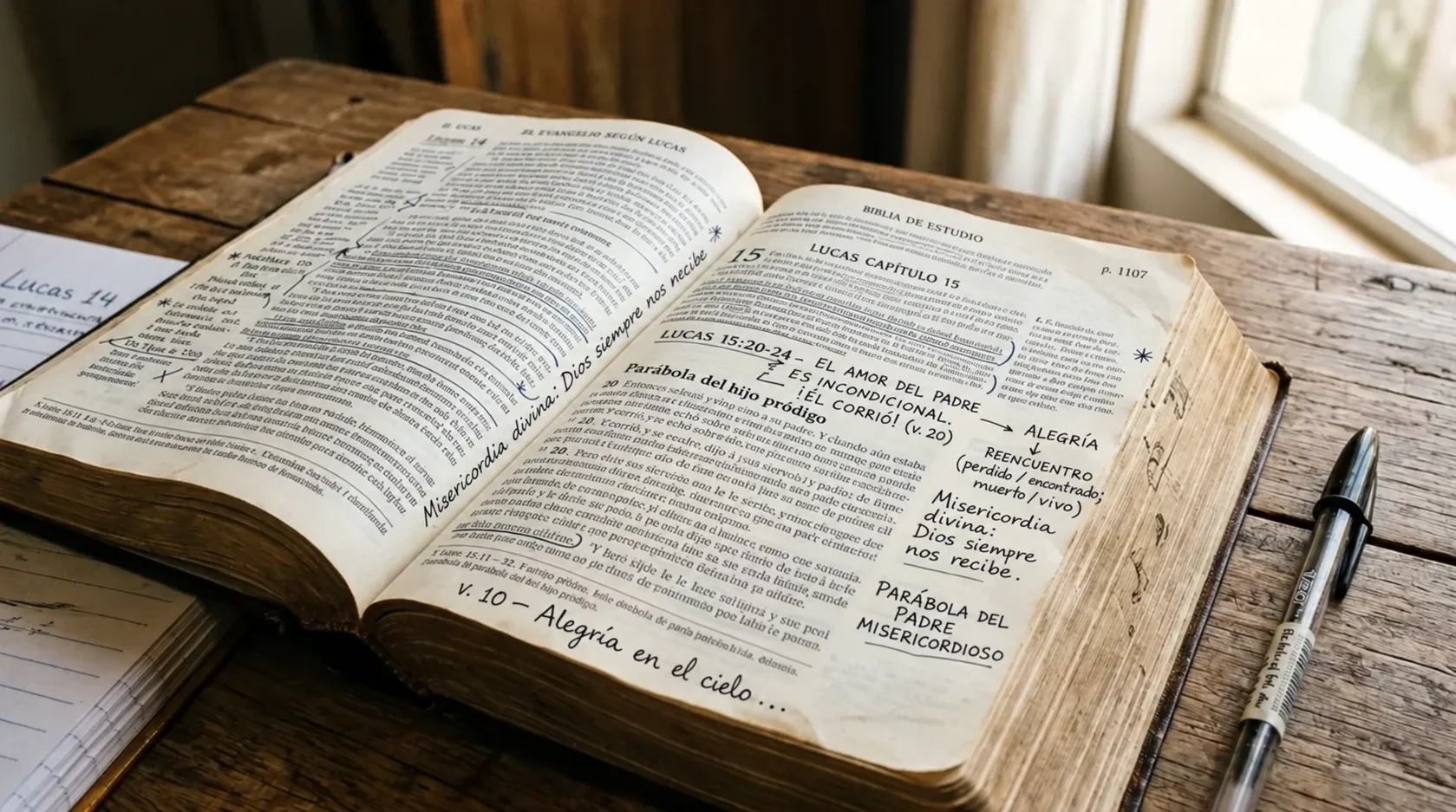 Biblia abierta con anotaciones