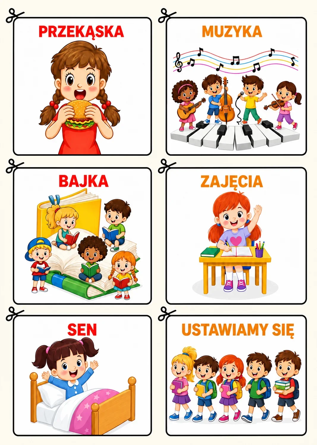 Karty planu dnia: przekąska, muzyka, bajka, zajęcia, sen i ustawiamy się