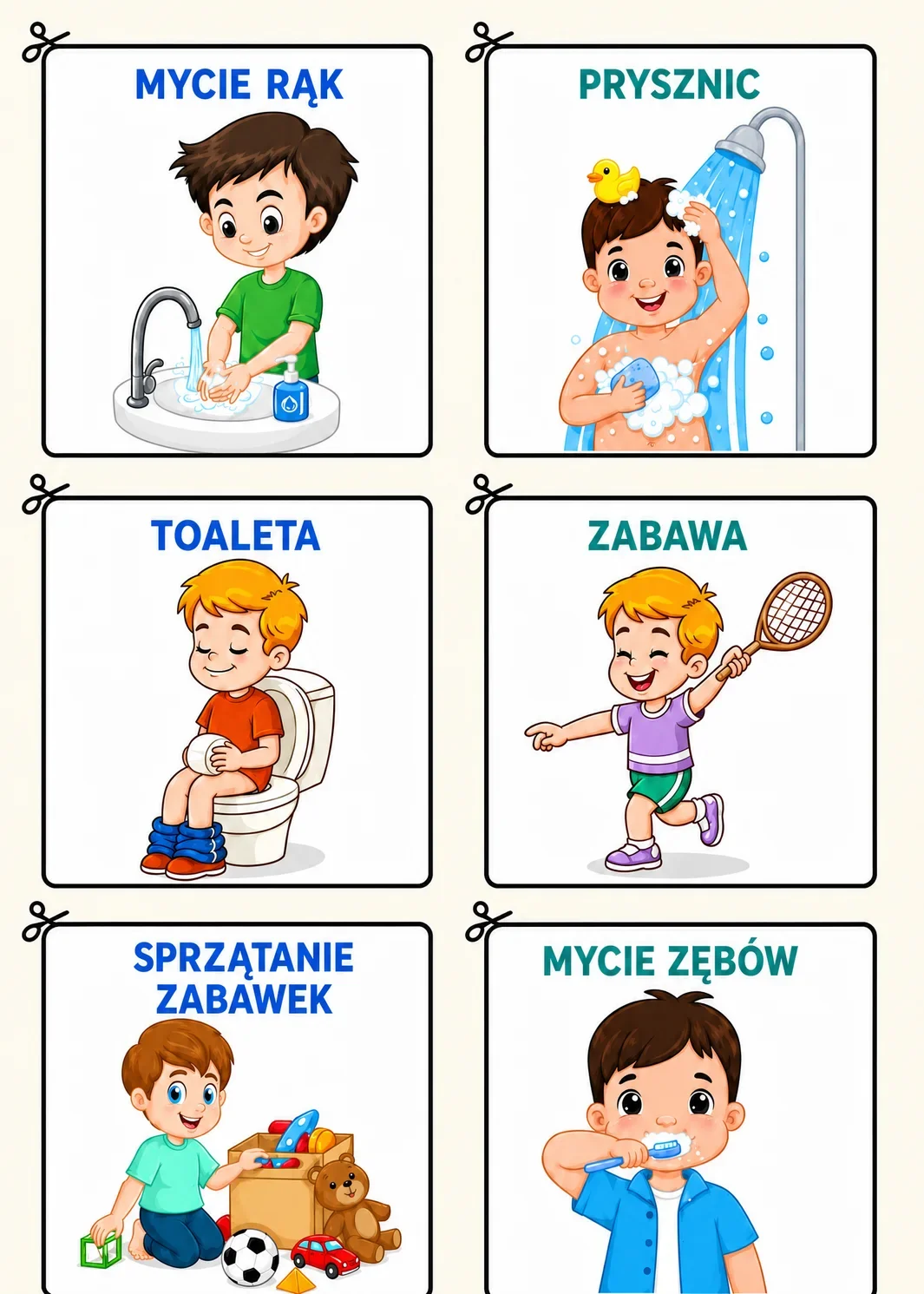 Karty planu dnia: mycie rąk, prysznic, toaleta, zabawa, sprzątanie zabawek i mycie zębów