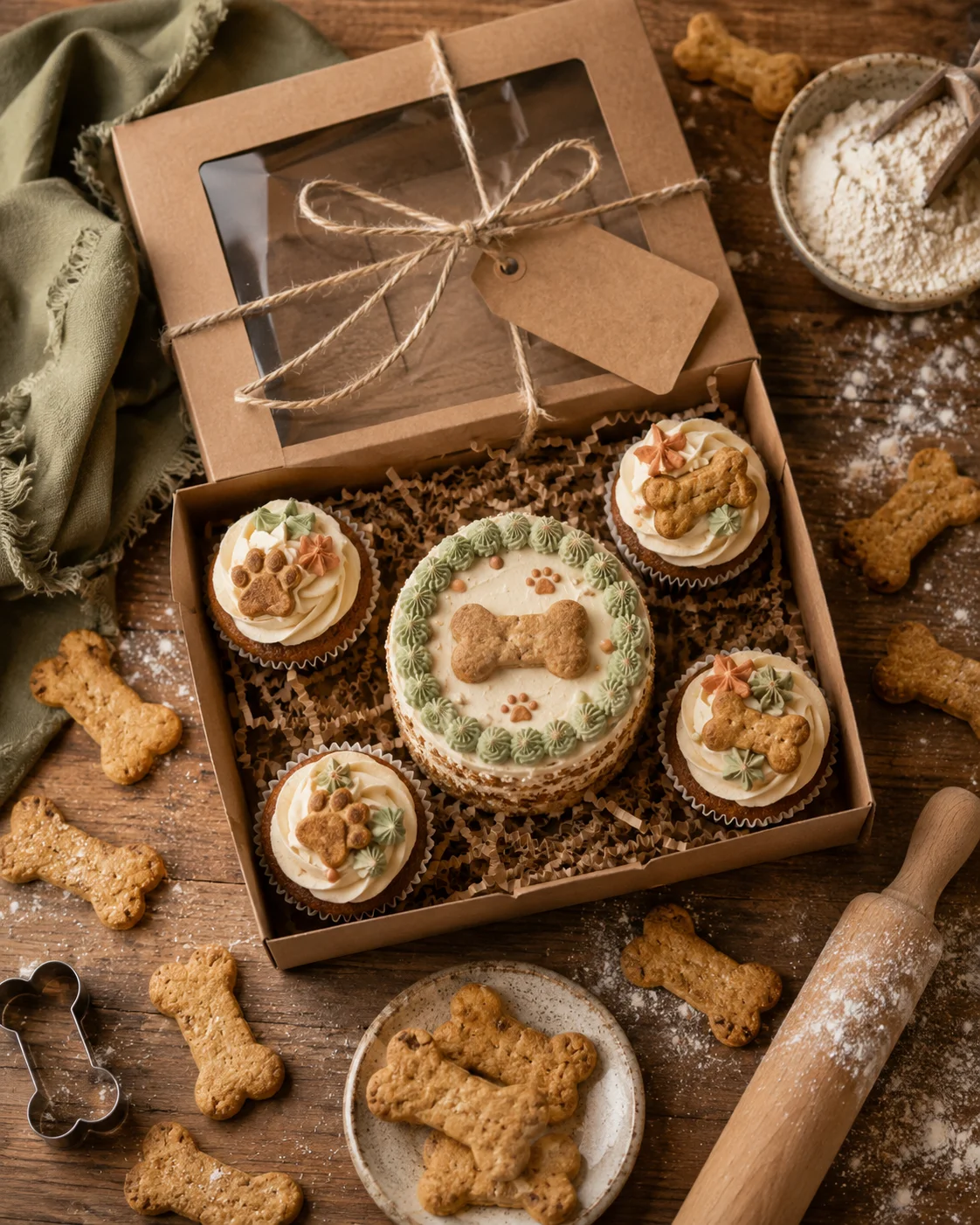 Homemade dog treats packaged in a gift box