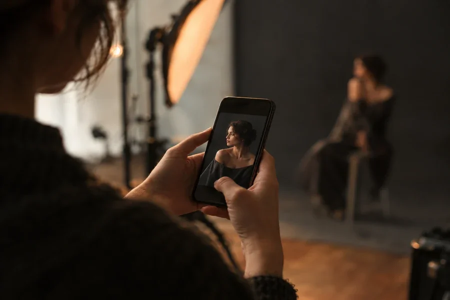 Fotografo che apre Il Manuale delle Pose™ sul telefono