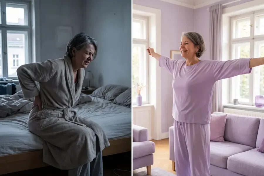 Stiff, fearful mornings vs. guided 20-minute classes with a version you can always do