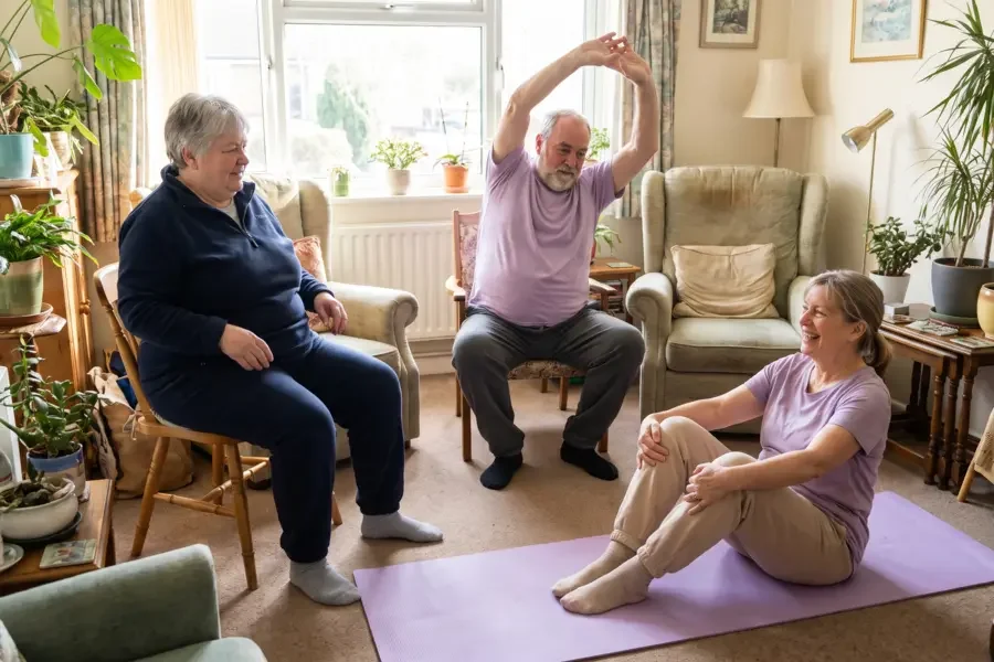 Real people over 50 doing gentle exercises at home