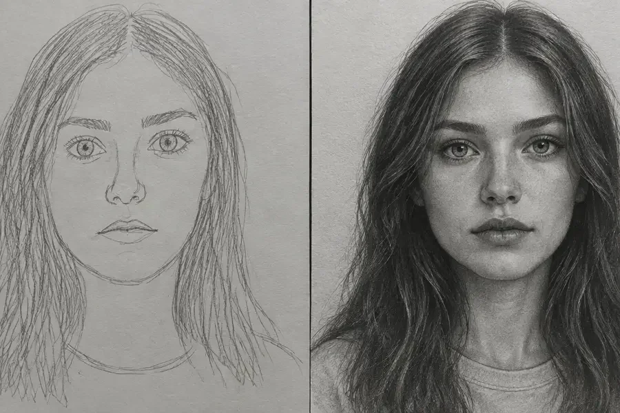 Realistic portrait drawn in pencil following the method, step by step