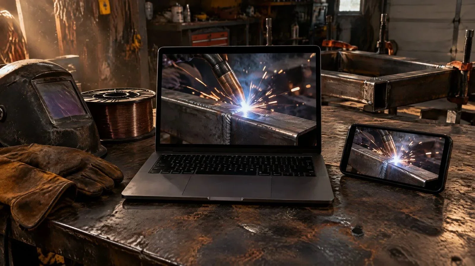 Kurs spawania wideo na laptopie i telefonie na stole warsztatowym
