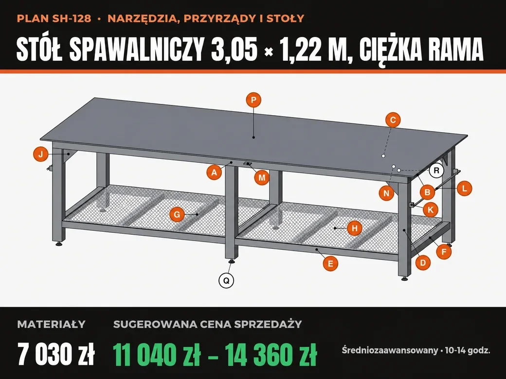 Stół spawalniczy 3,05 × 1,22 m, ciężka rama, plan, strona 1