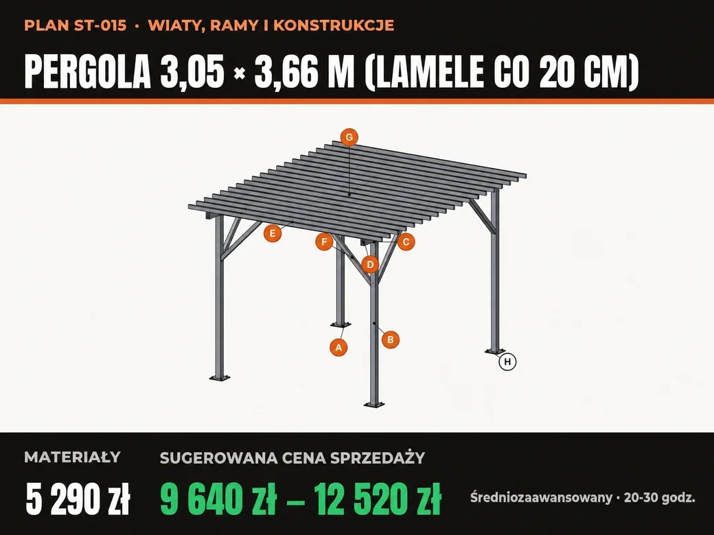 Pergola 3,05 × 3,66 m (lamele co 20 cm), plan, strona 1