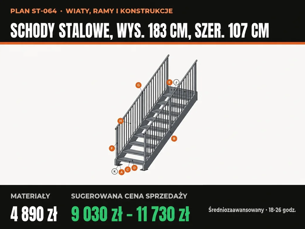 Schody stalowe, wys. 183 cm, szer. 107 cm, plan, strona 1