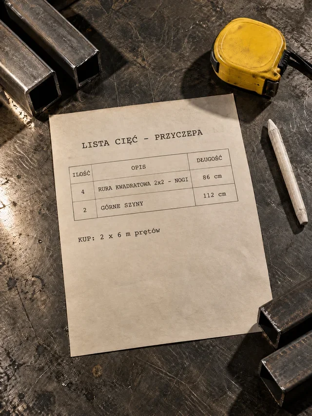 Wydrukowana lista cięć na stole obok miarki