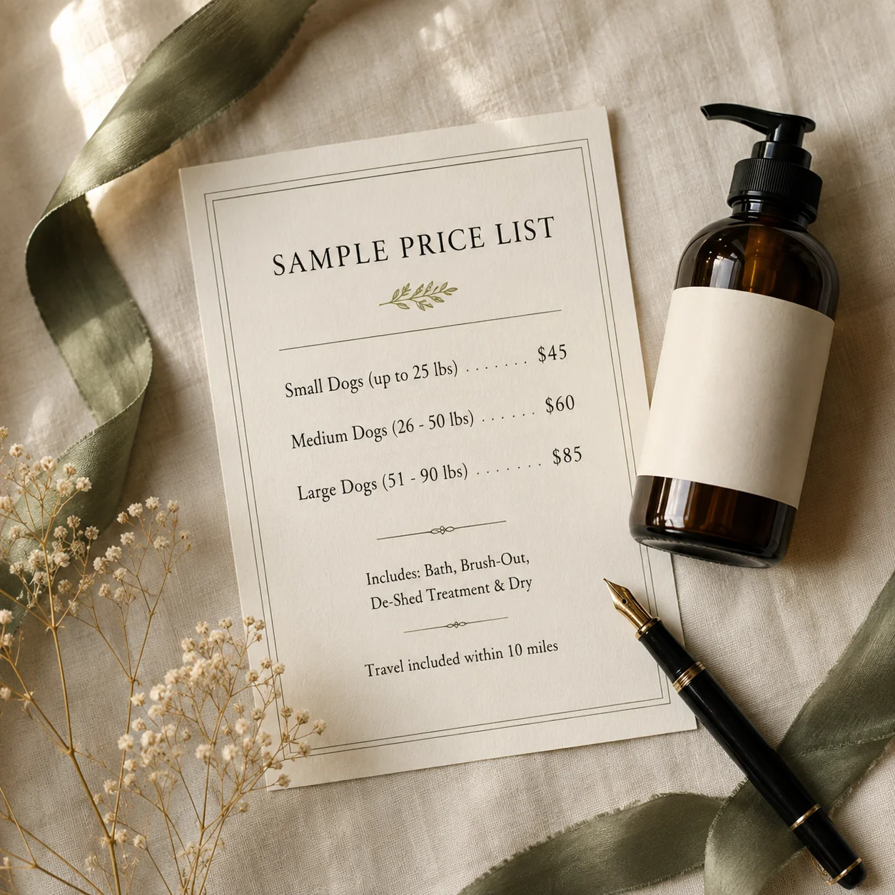 Sample price list by dog size