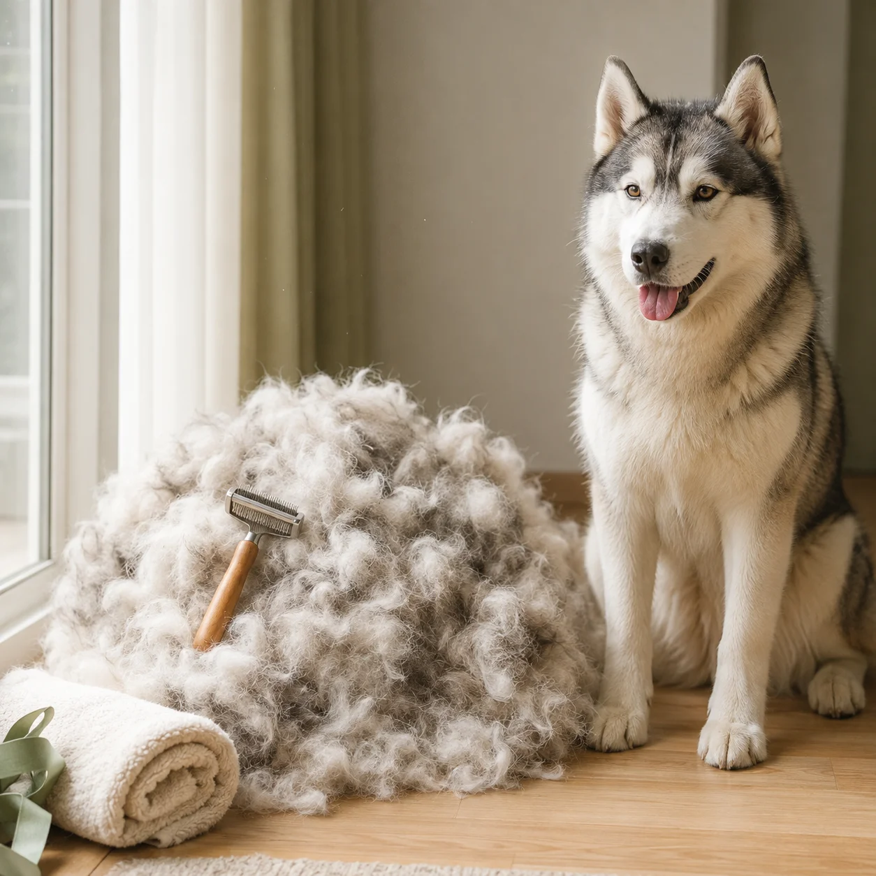 Husky beside a pile of removed undercoat