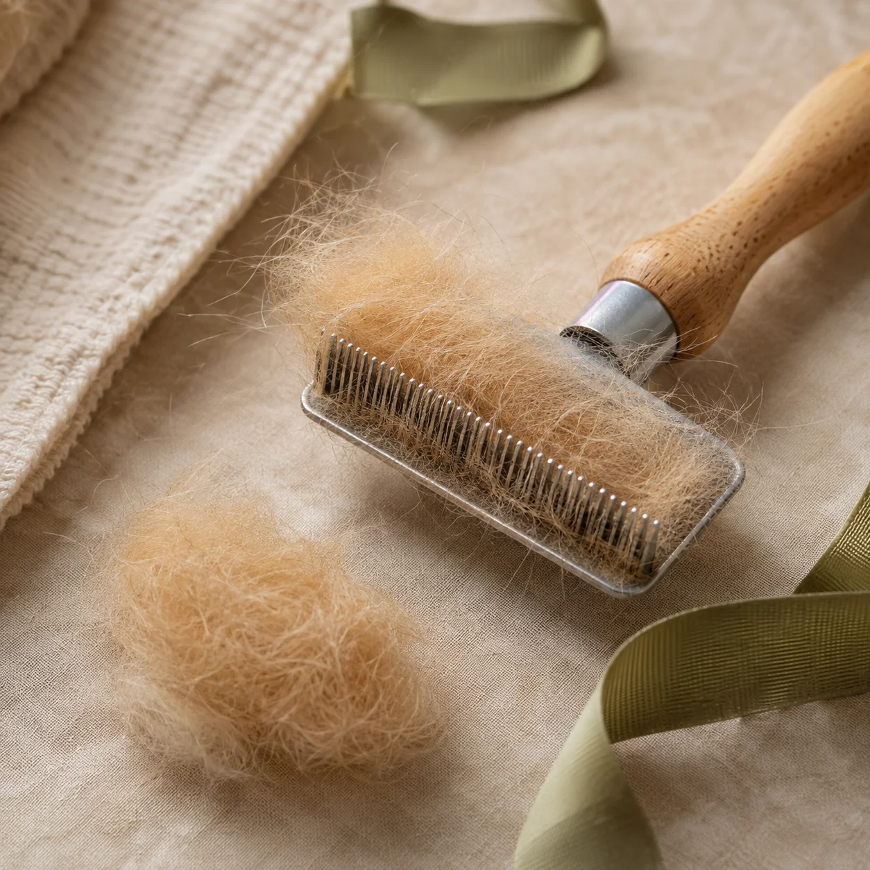 De-shedding brush full of removed undercoat