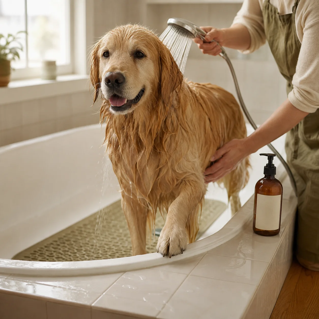 Large dog being rinsed in a home bathtub
