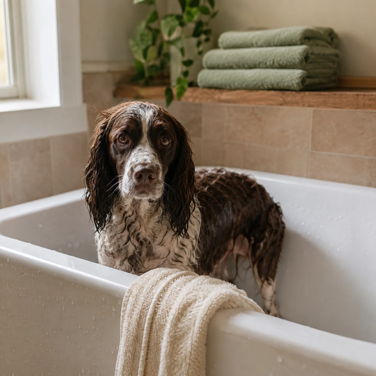 Medium dog standing in a bathtub after a wash