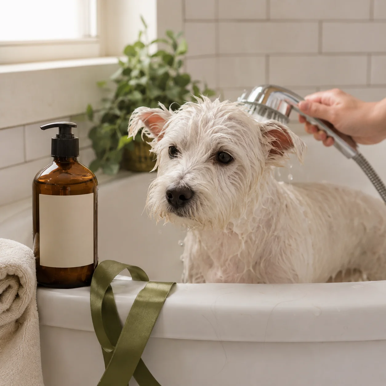 Small dog being rinsed in a home bathtub