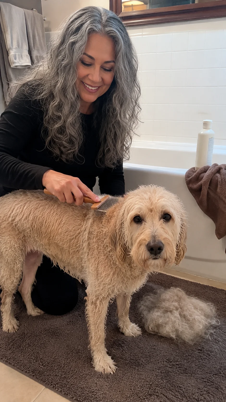 Brushing out a freshly washed dog beside the bathtub