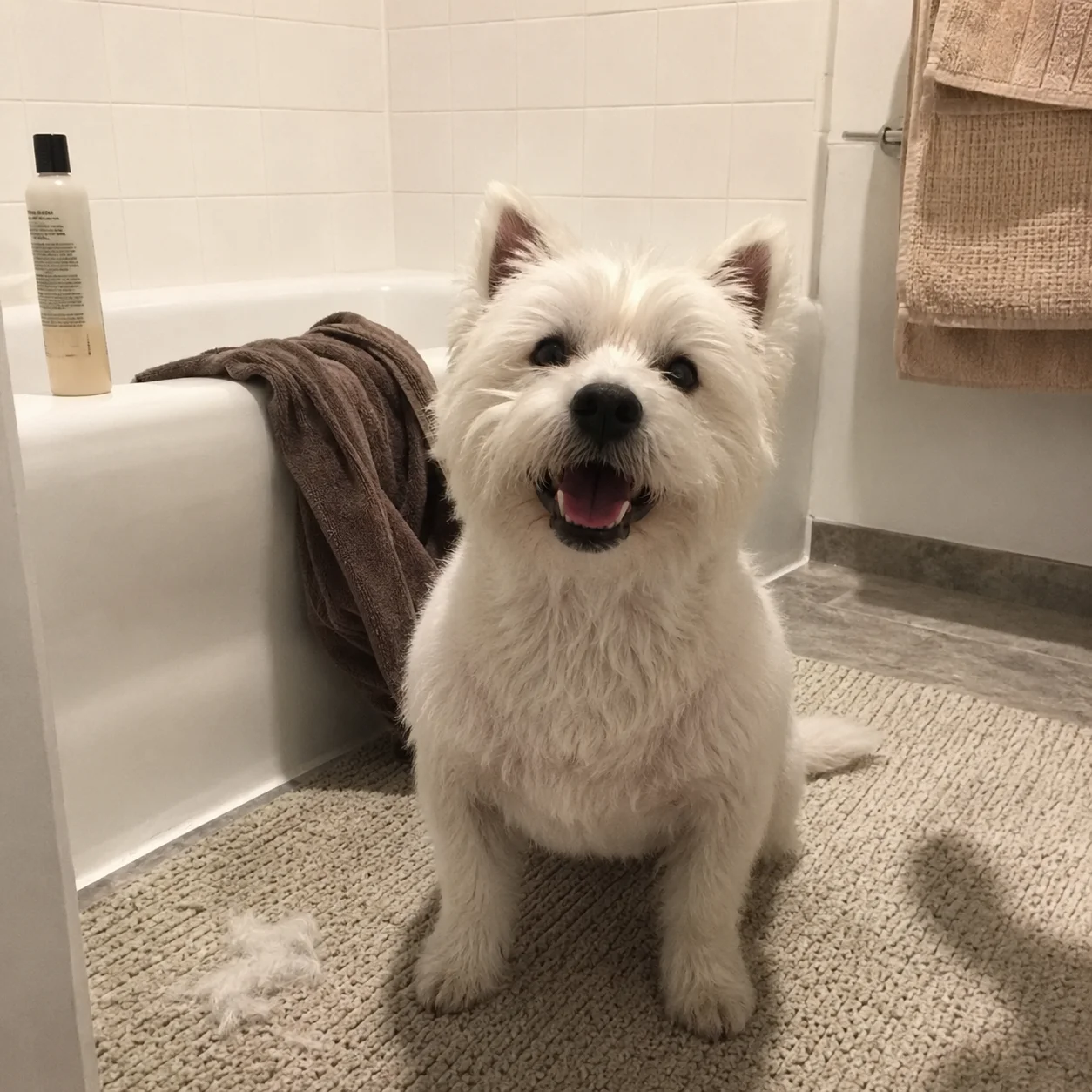 Clean dry small dog on the bath mat