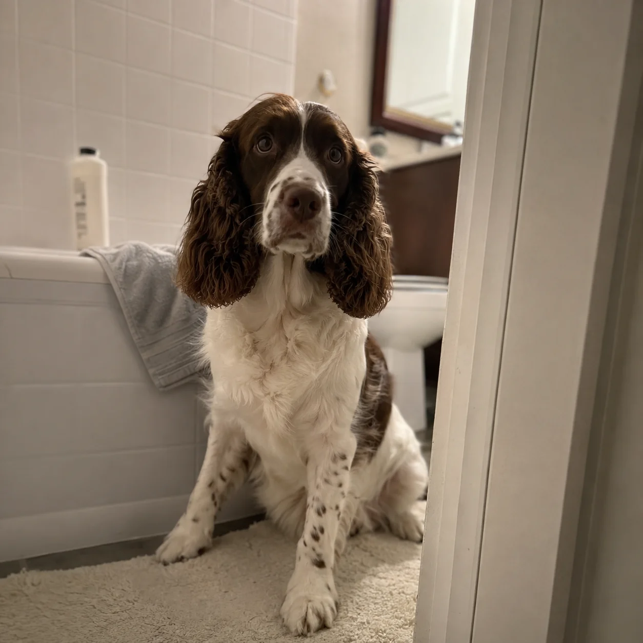 Clean dry spaniel beside the bathtub