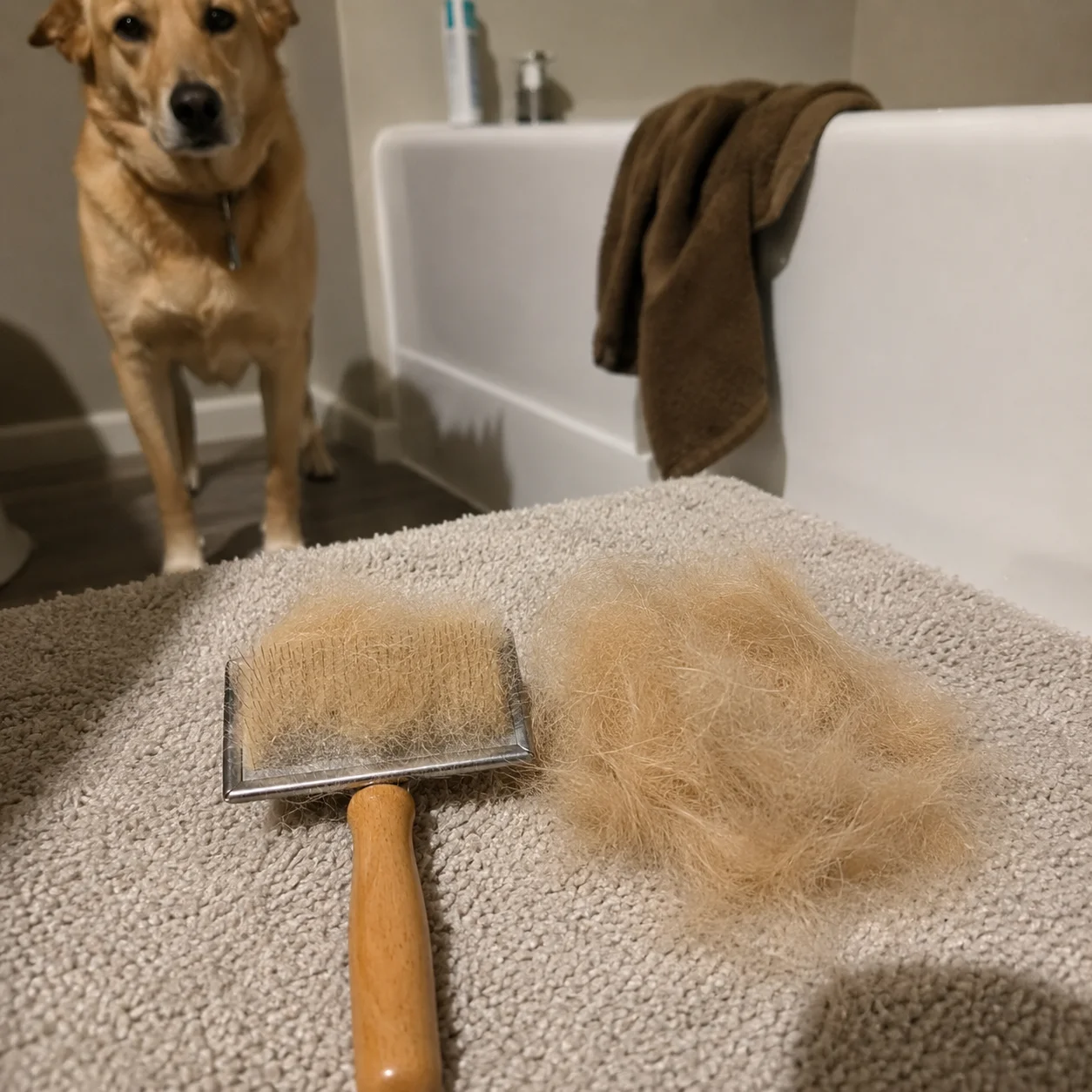 Brush packed with removed undercoat on the bath mat