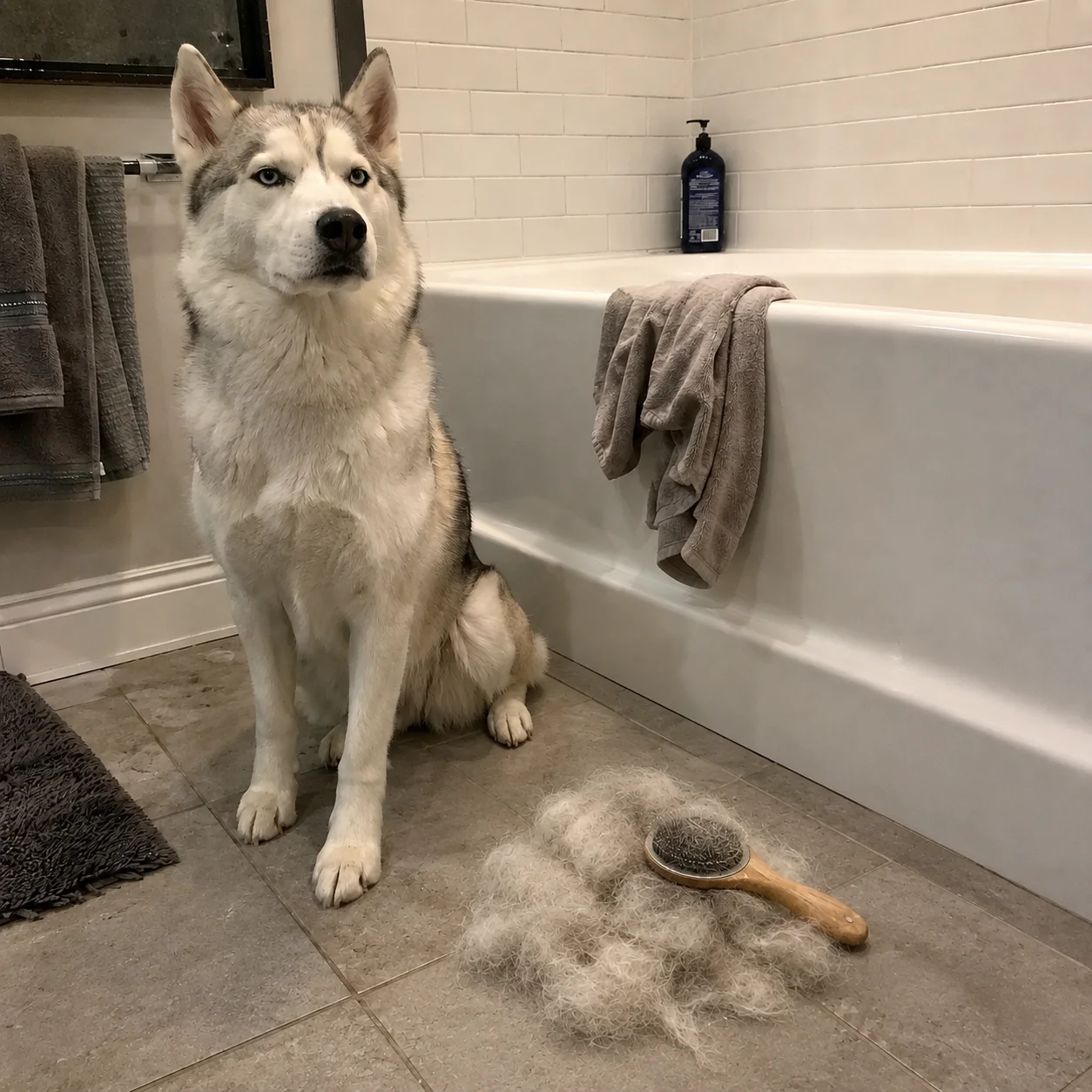 Husky beside a pile of removed undercoat
