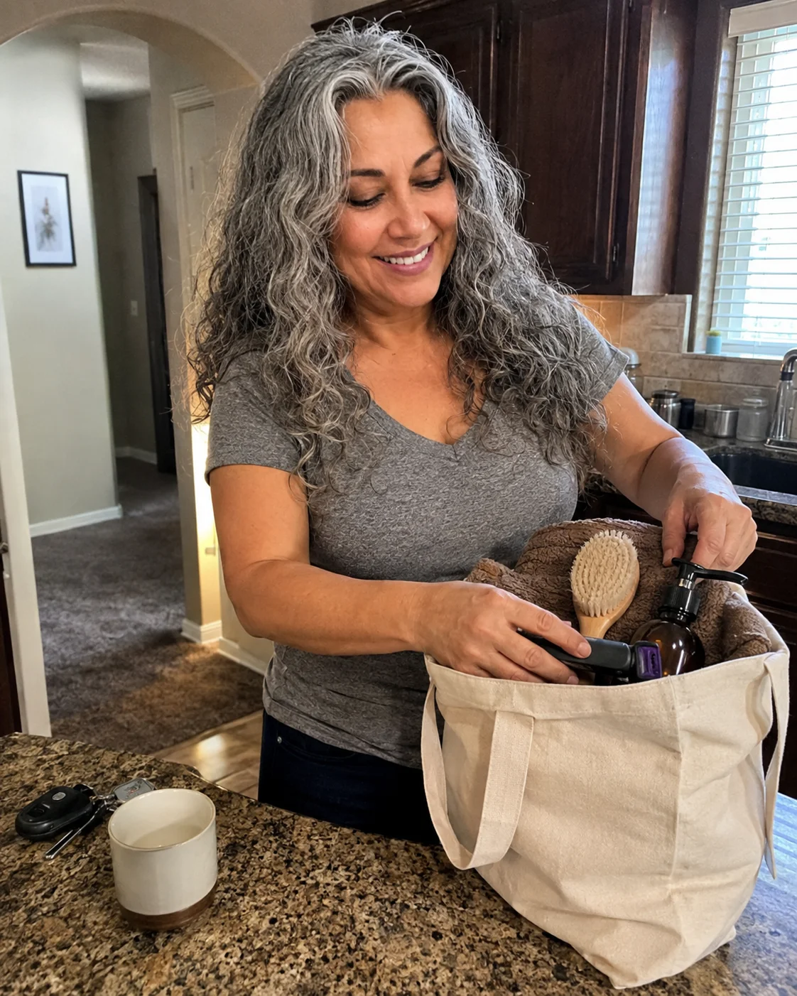Packing the wash kit into a canvas tote