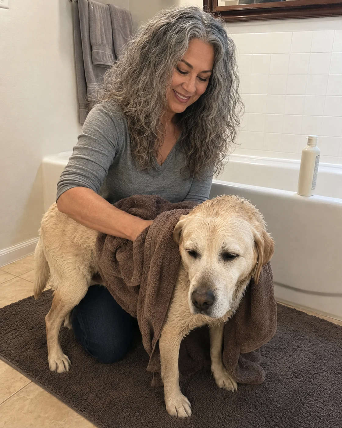 Towel-drying a calm Labrador in the bathroom