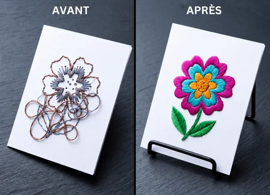 Avant / après : d'un essai raté et frustrant à une belle pièce de broderie sur papier terminée