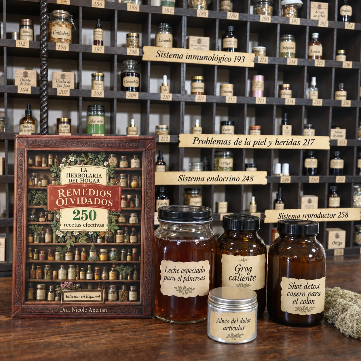 Mostrador de botica con frascos de remedios ordenados por sistema del cuerpo