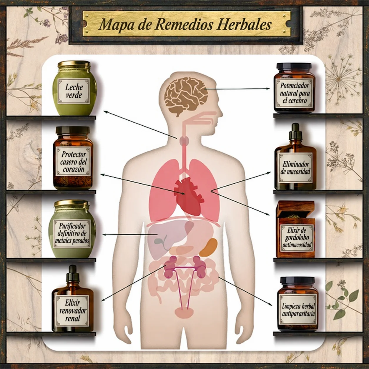 Mapa de remedios herbales: cada flecha seÃ±ala la parte del cuerpo a la que va cada remedio