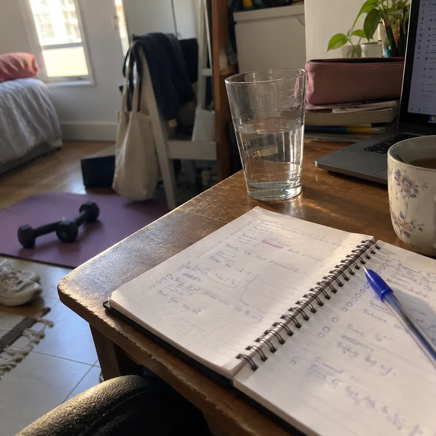 Escritorio con cuaderno de rutina, vaso de agua y mancuernas