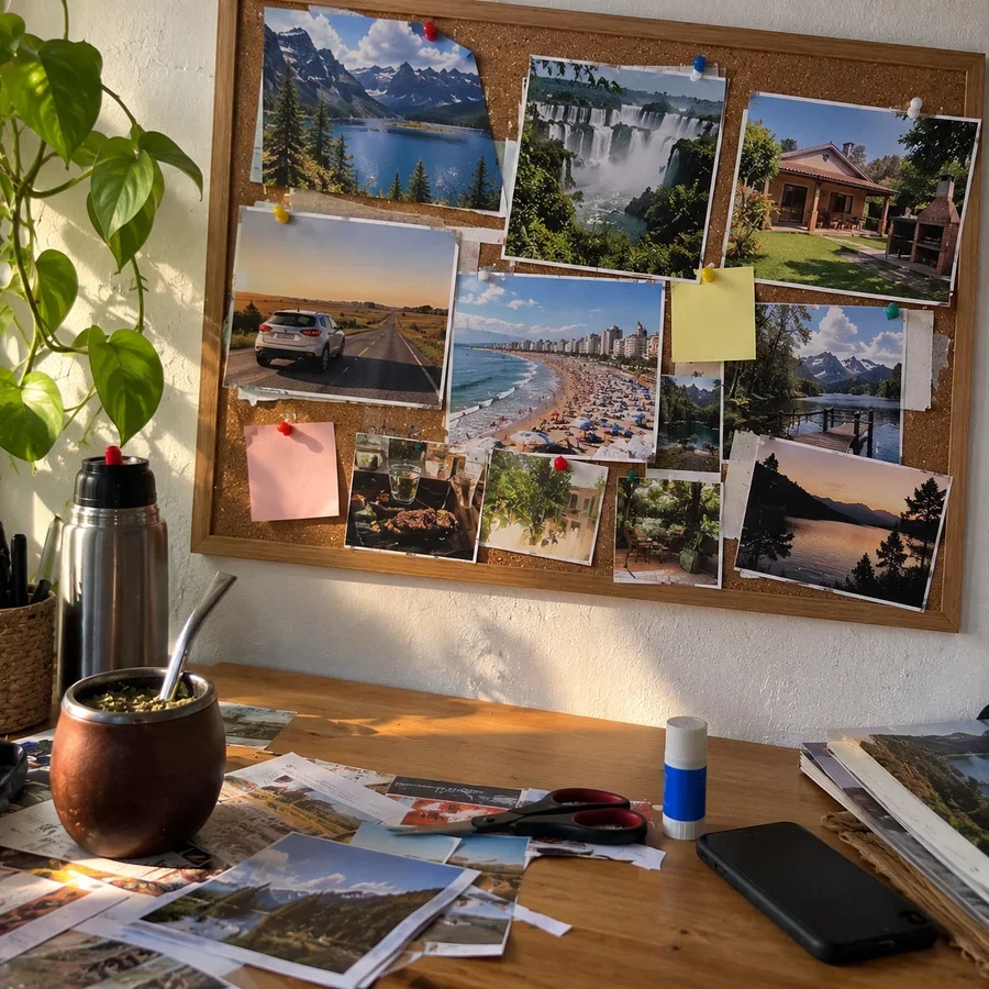 Vision board casero con fotos de Bariloche, las Cataratas y Mar del Plata, y un mate en el escritorio