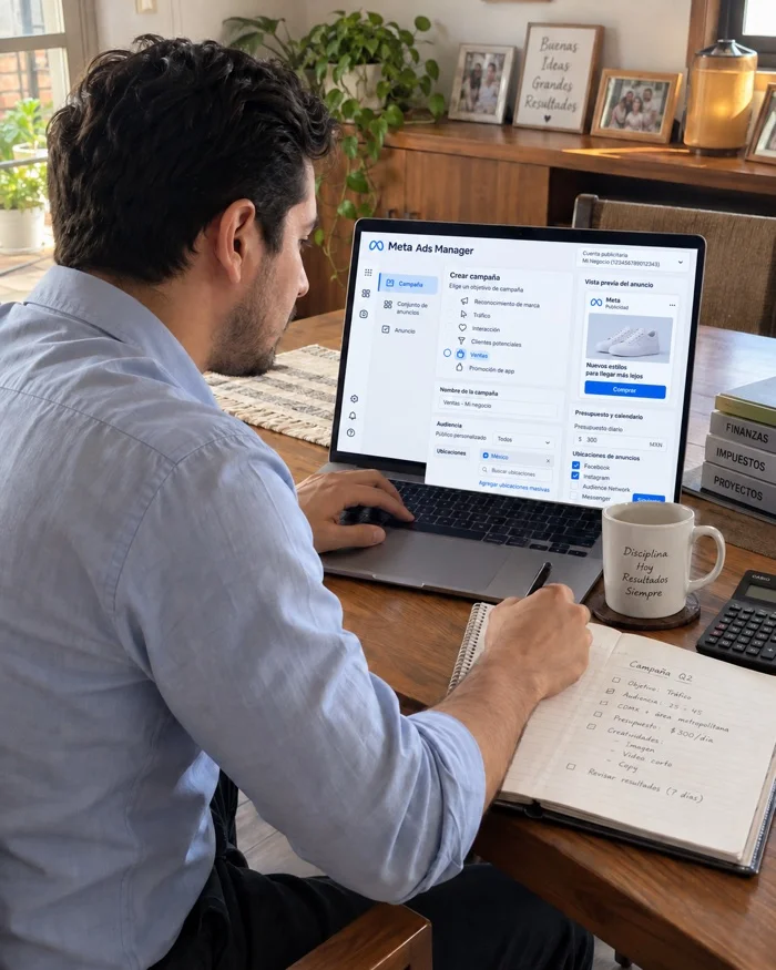 Contador configurando una campaña en Meta Ads