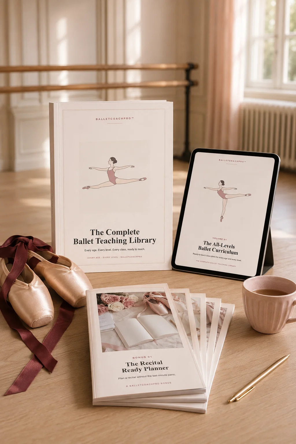 The complete BalletCoachPro library on a ballet studio desk