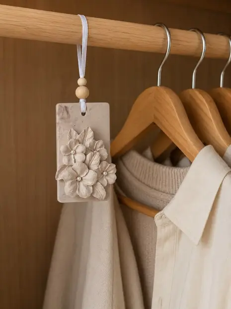 Etiqueta de escayola Aroma Stone hecha a mano, con flores, colgada en un armario
